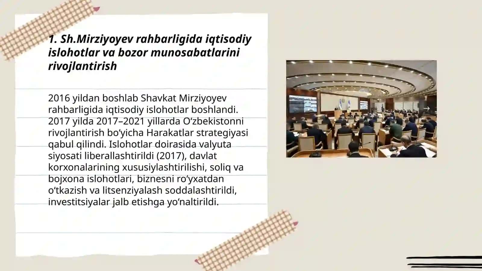 Yangi Oʻzbekistonda Sh.Mirziyoyev rahbarligi va tashabbusi ostida amalga oshirilayotgan islohotlar 3
