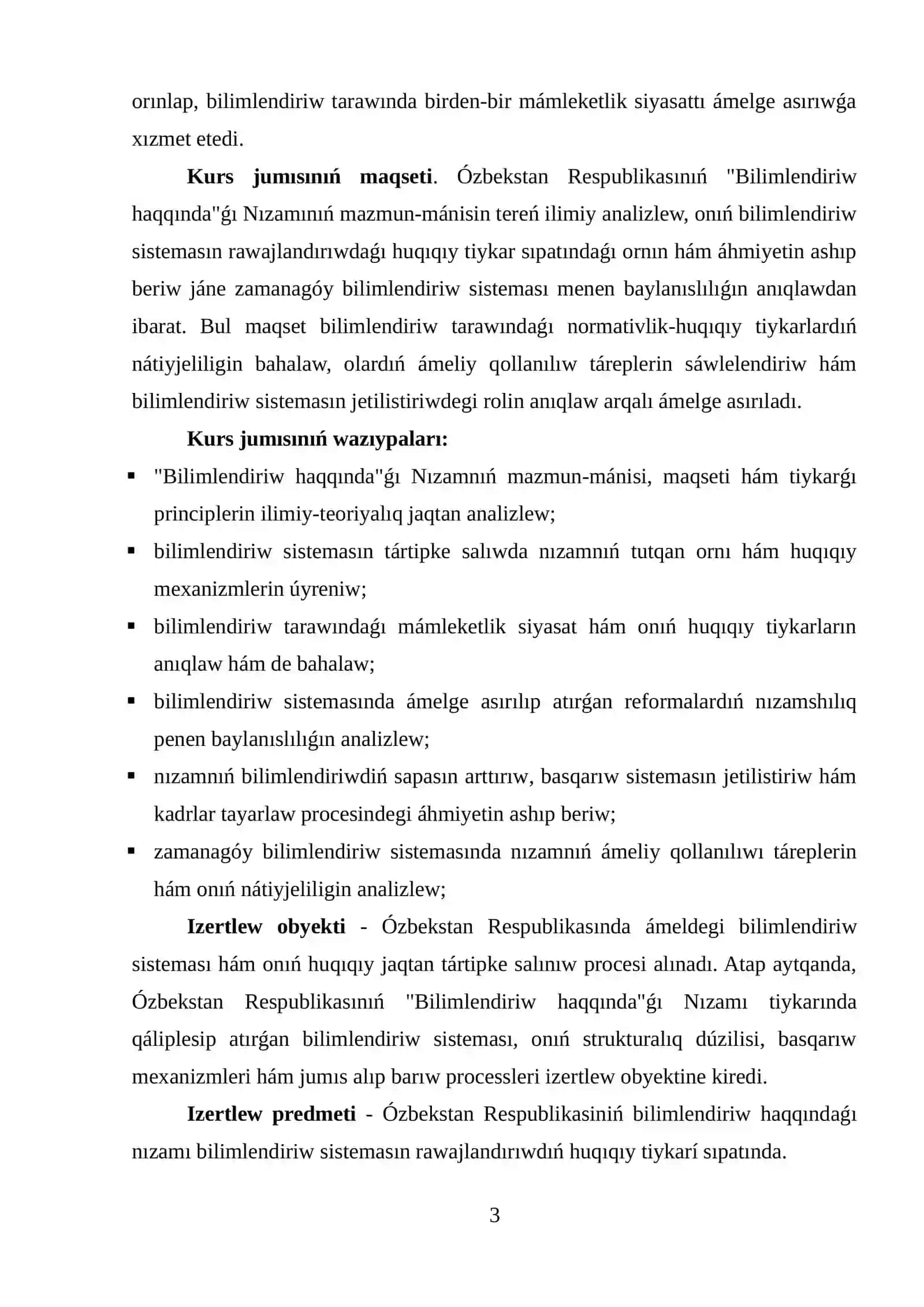 ÓZBEKSTAN RESPUBLIKASINIŃ "BILIMLENDIRIW HAQQINDA"ǴI NIZAMINIŃ TEORIYALIQ-HUQIQIY TIYKARLARI 3