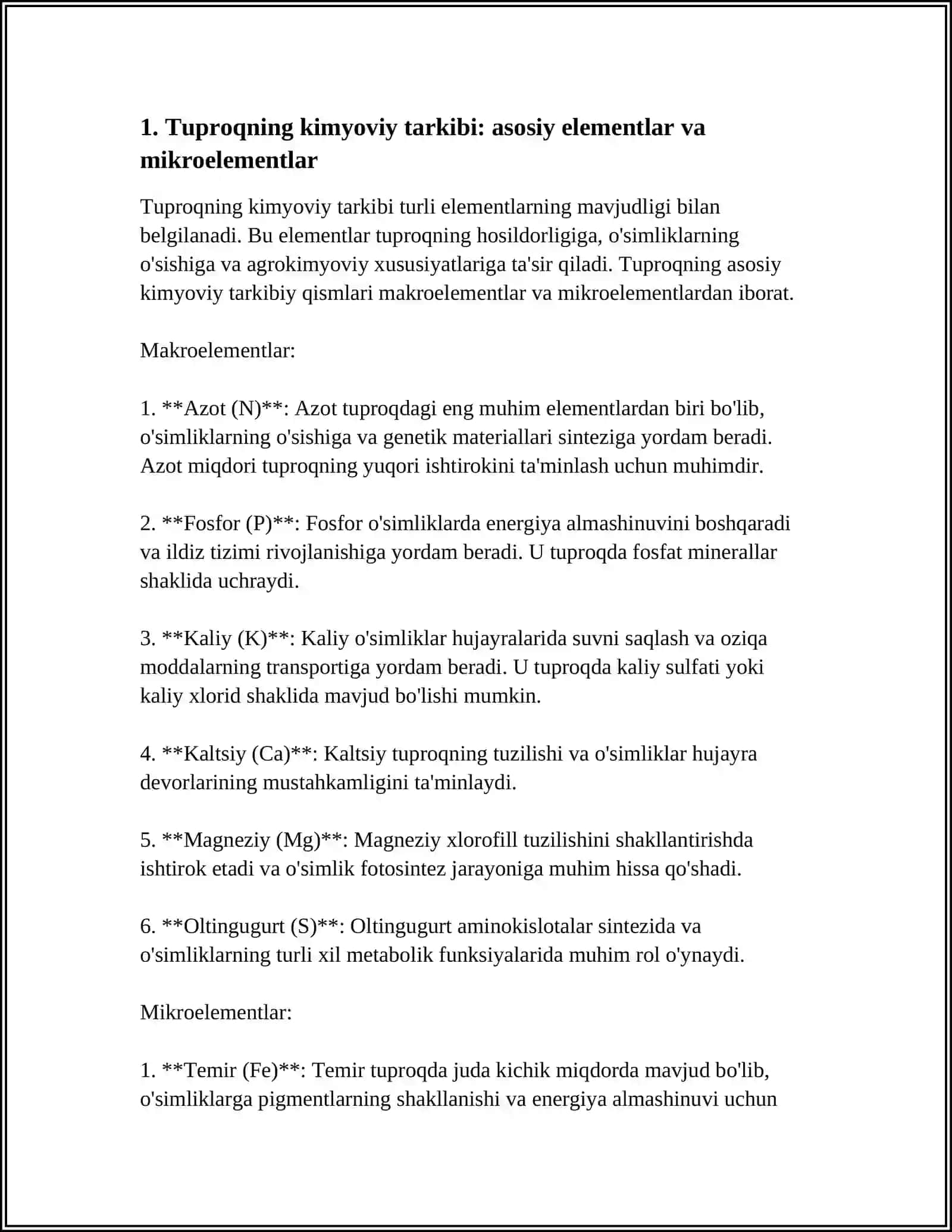 TUPROQNING KIMYOVIY TARKIBI VA ORGANIK QISMI,ULARNING AHAMIYATI.TUPROQNING GENEZISI,KLASSIFIKATSIYASI VA GEOGRAFIYASI 3