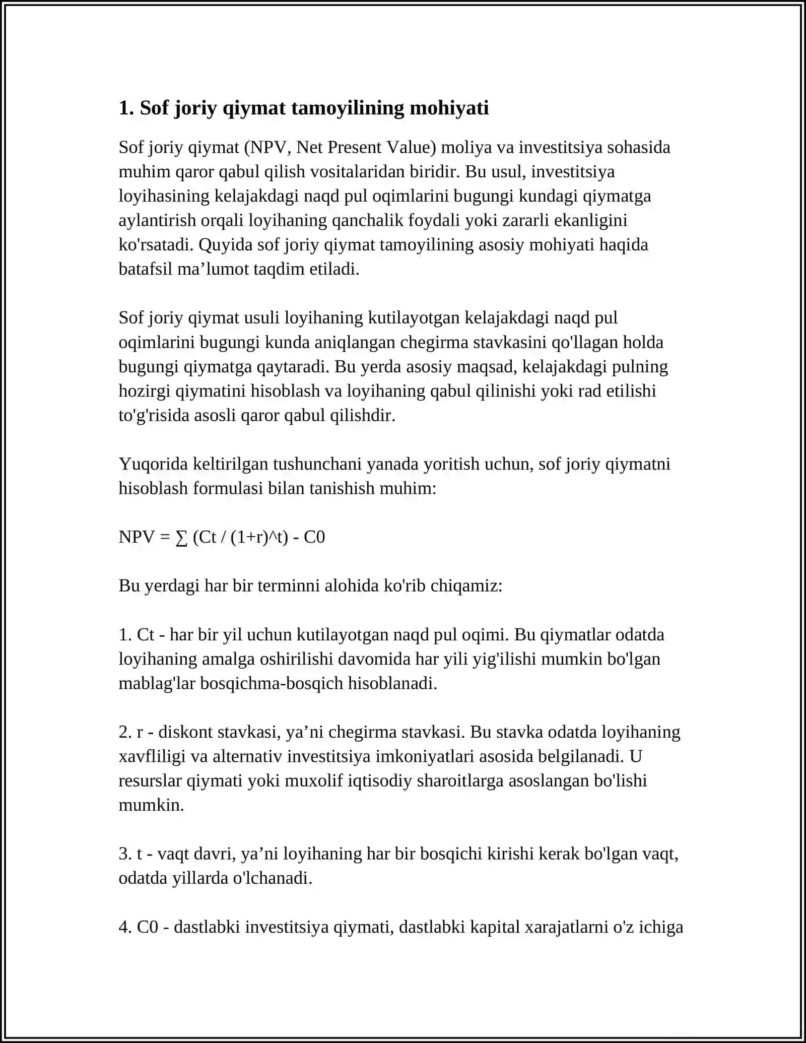 SOF JORIY QIYMAT QOIDASINING INVESTITSION QARORLAR QABUL QILISHDAGI OʻRNI VA AHAMIYATI 3