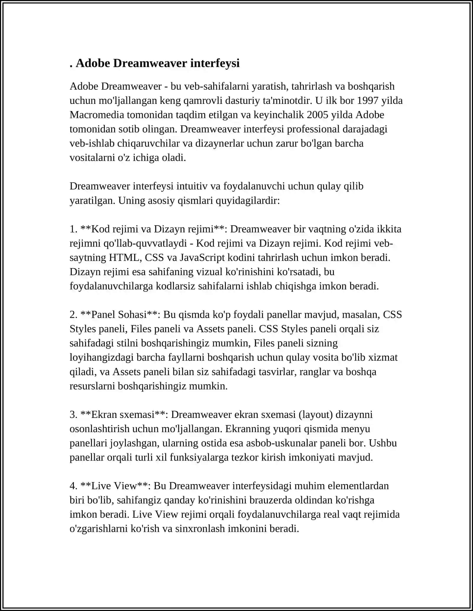 WEB - SAYT YARATISHDA ADOBE DREAMWEAVER DASTURINING QULAYLIKLARI 3