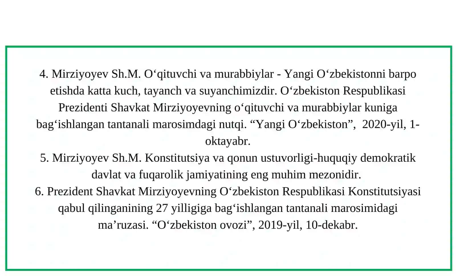 Mirziyoyev Sh.M. Niyati ulug‘ xalqning ishi ham ulug‘, hayoti yorug‘ va kelajagi farovon bo‘ladi. 3-jild. T., O‘zbekiston, 2019 3