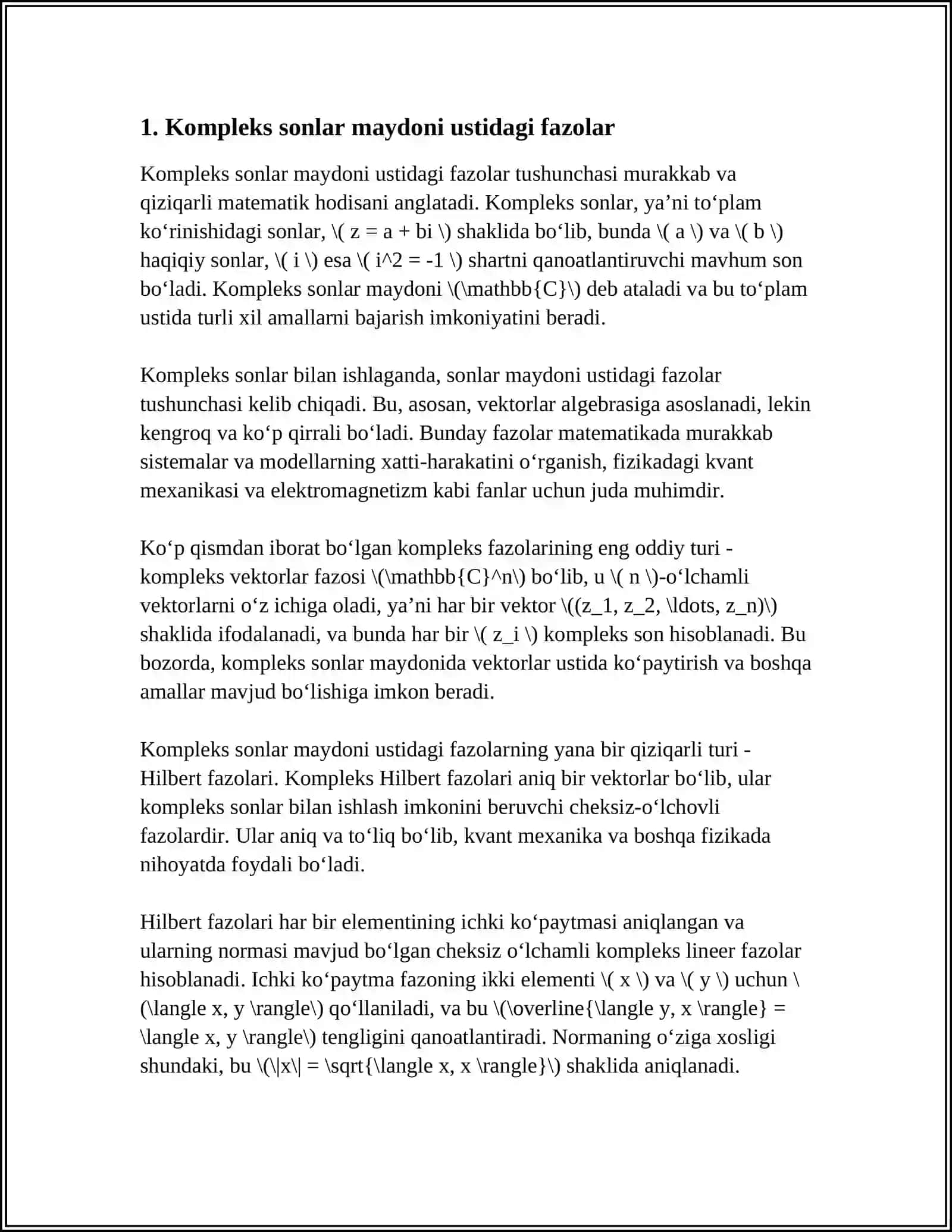 KOMPLEKS SONLAR MAYDONI USTIDA BERILGAN FAZODAGI KVADRATIK FORMALAR VA ULARNING KANONIK SHAKLLARI 3
