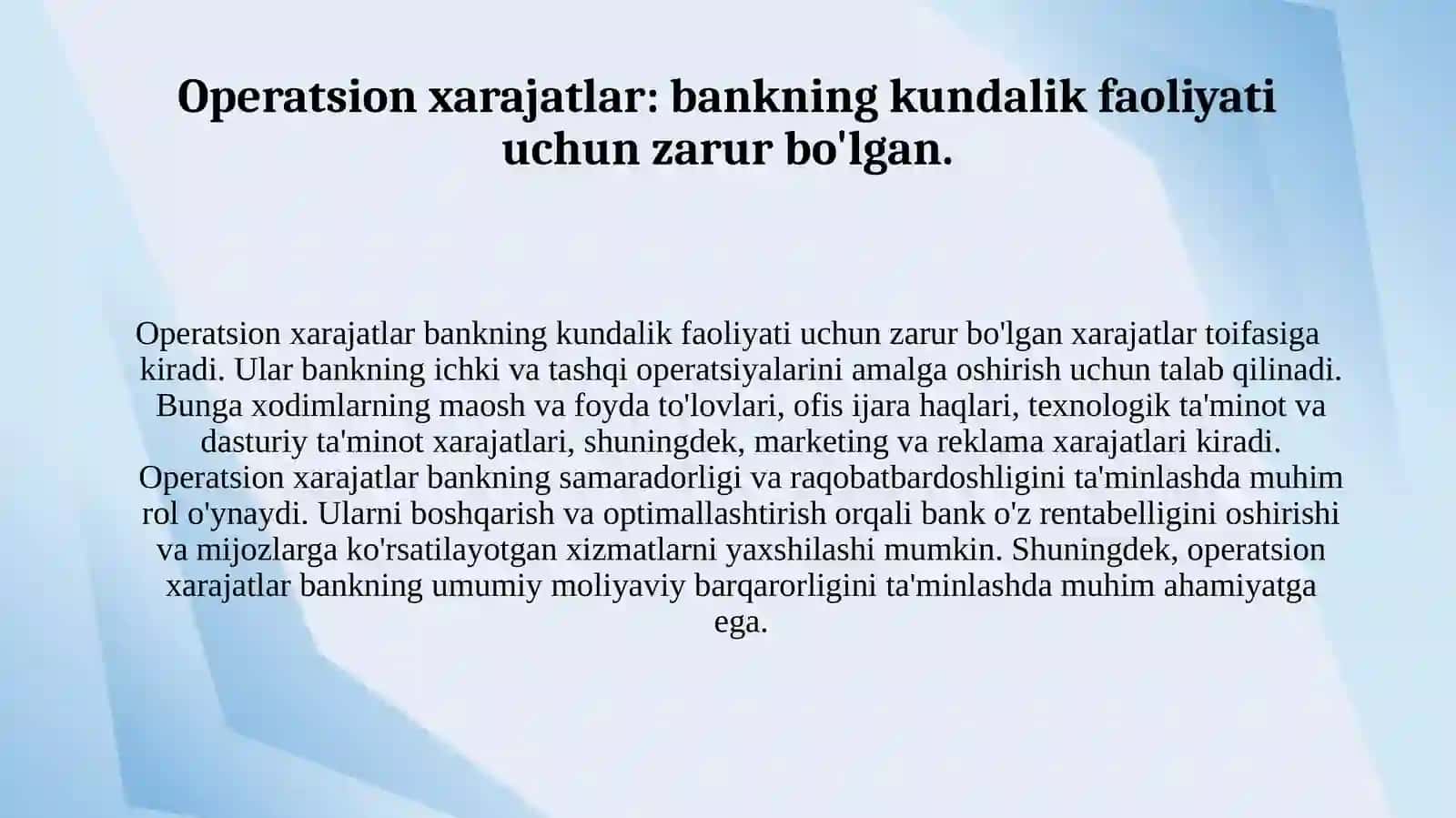 Bank xarajatlarining turlari (foizli, operatsion, boshqa) va ularni tasniflash. 3