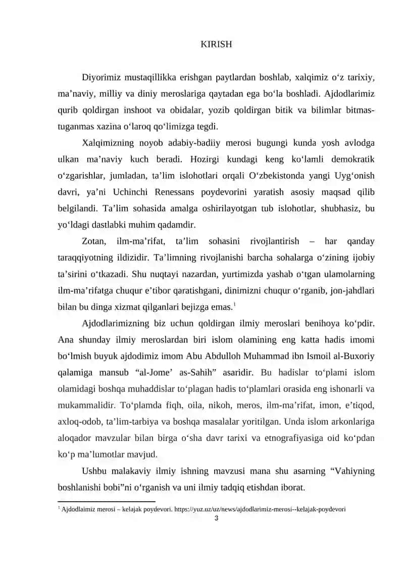"AL-JOME AS-SAHIH" ASARINING "VAHIYNING BOSHLANISHI" BOBIDAGI HADISLAR 3