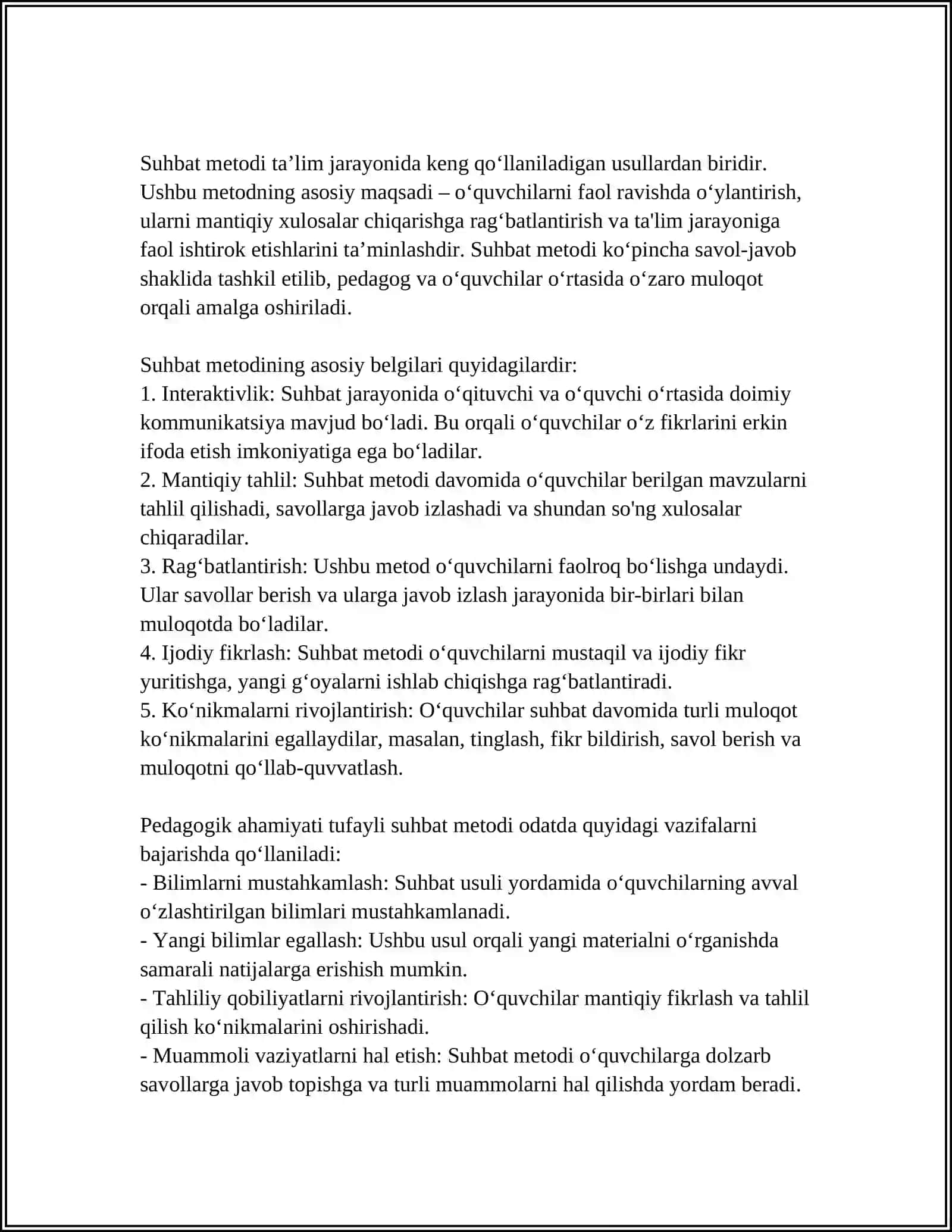 SUHBAT METODI:TURLARI VA UNGA QO'YILADIGAN ASOSIY TALABLAR 3