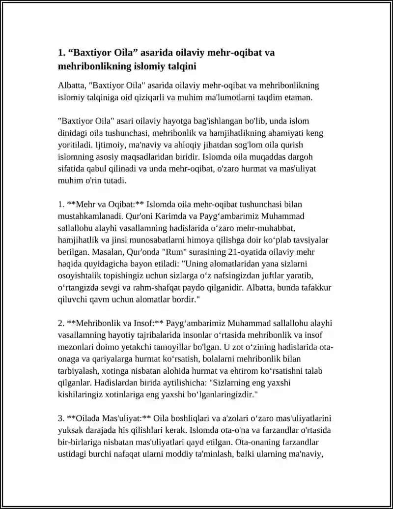 "Baxtiyor Oila" asarida ISLOMQADRIYATLARINING TALQINI 3