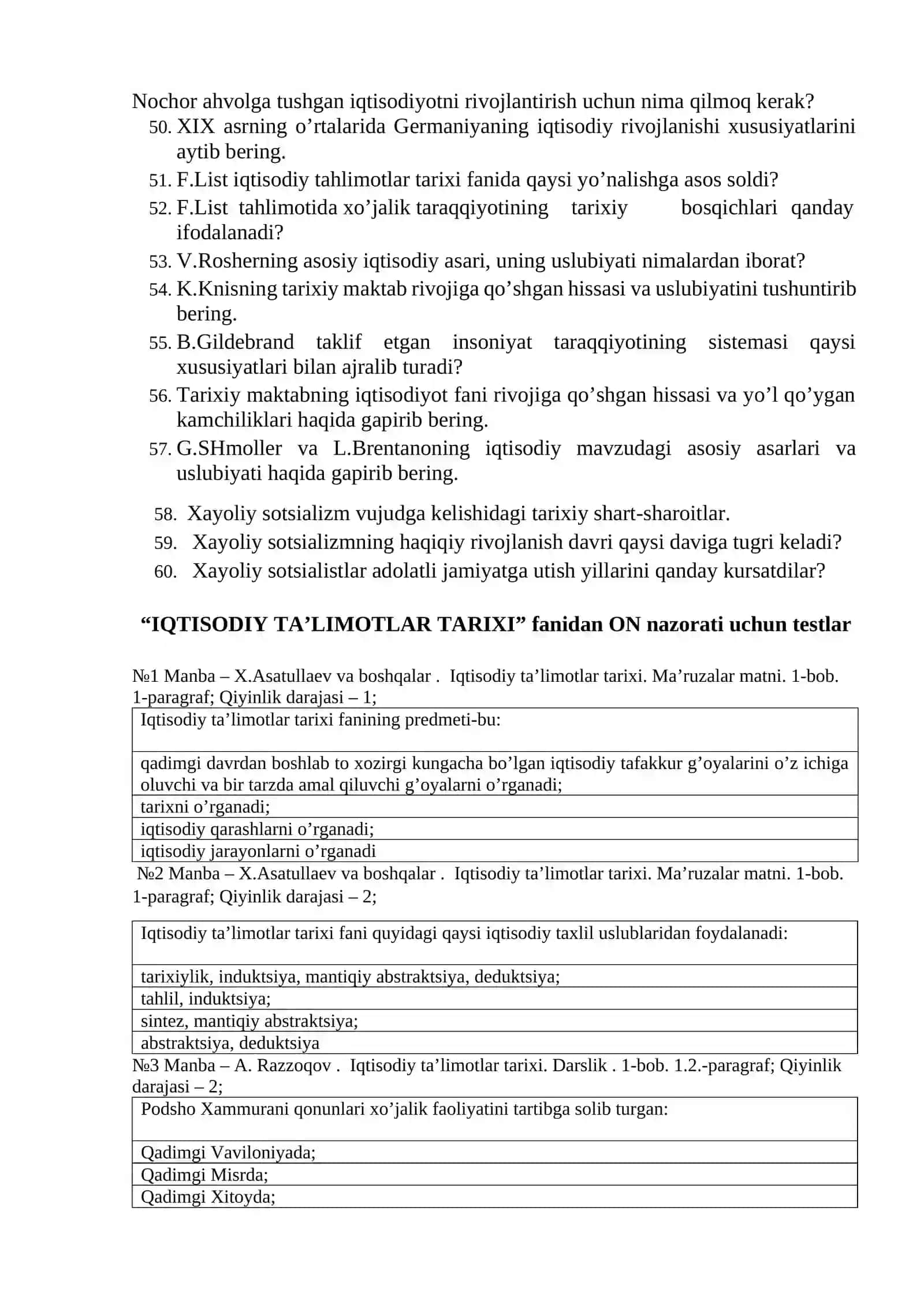 “IQTISODIY TA’LIMOTLAR TARIXI” fanidan 1 ON nazorati uchun savollar 3