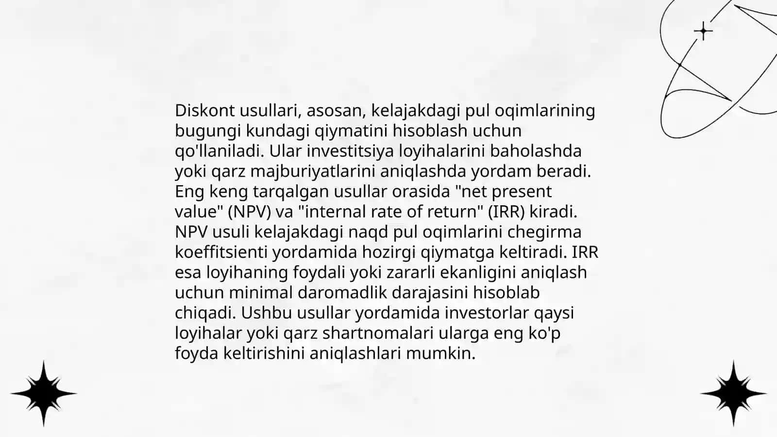 Invistitsion loyhalarning samaradorligining baxolashning diskont usullari 3