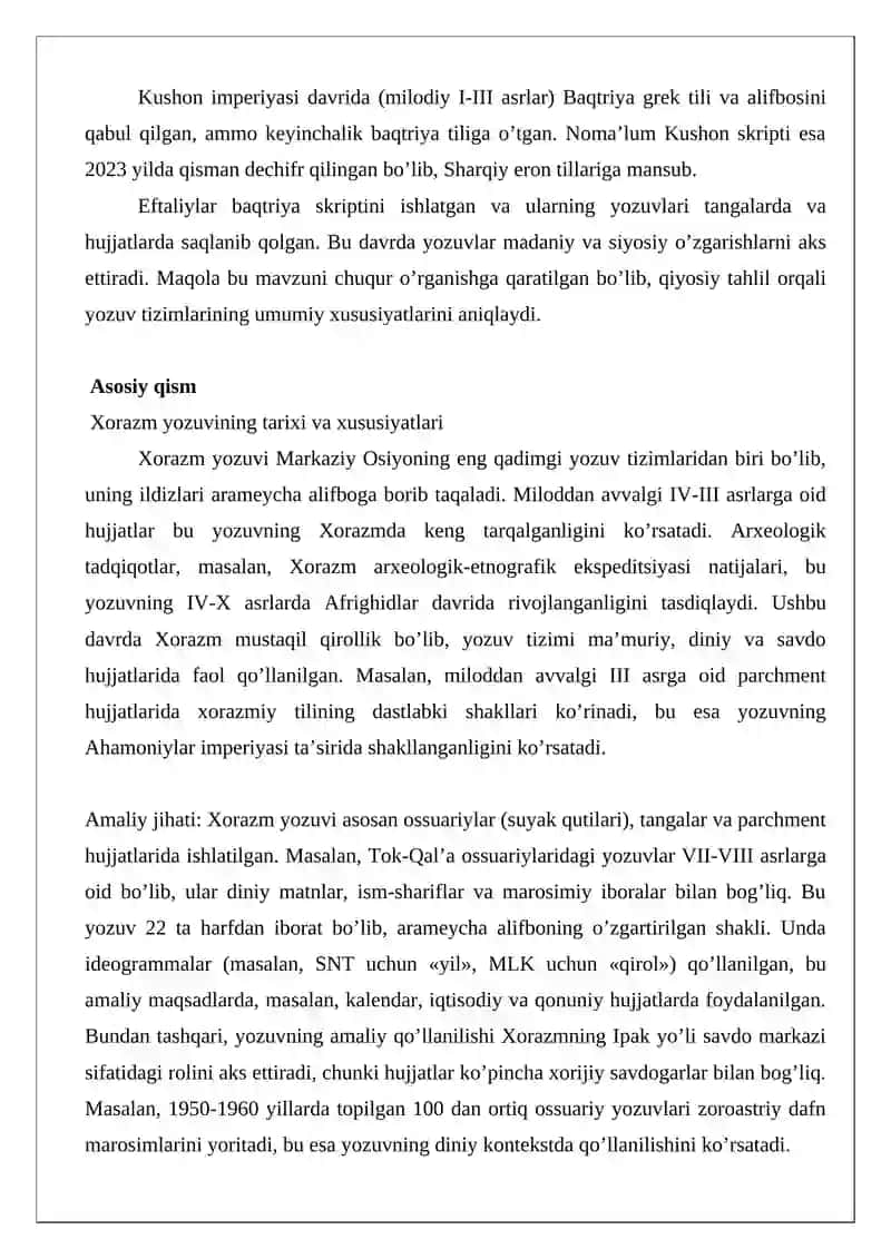 Qadimgi yozuvlar haqida (Xorazm, Kushon Baqtriya, Eftal yozuvlarining tarixi) maqola loyihasi 3
