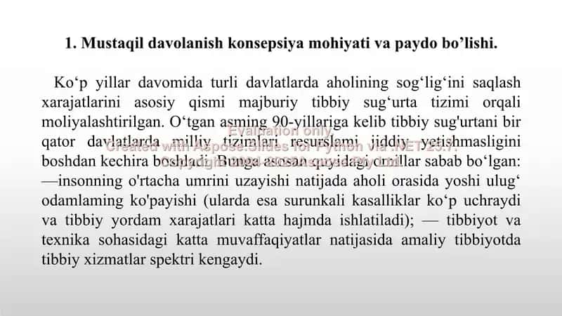 4. Mustaqil davolanish konsepsiya mohiyati va paydo bo’lishni iqtisodiy shart sharoitlari. Taqdimot, 12 bet. 3