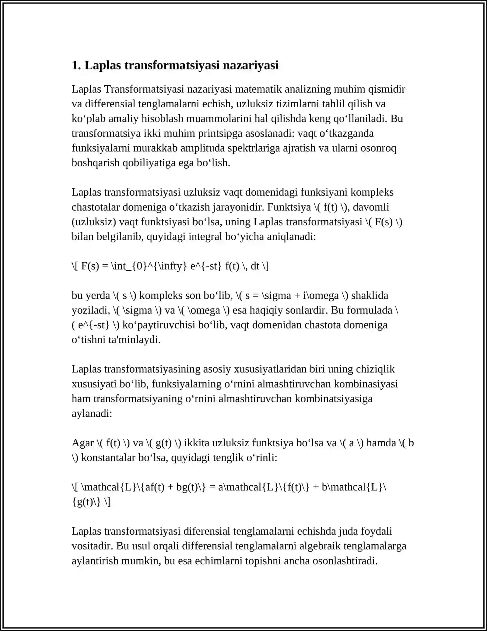 2-TARTIBLI DIFFERENSIAL TENGLAMA MASALASINI MATLABDA LAPLAS TRANSFORMATSIYASI YORDAMIDA YECHISH 3