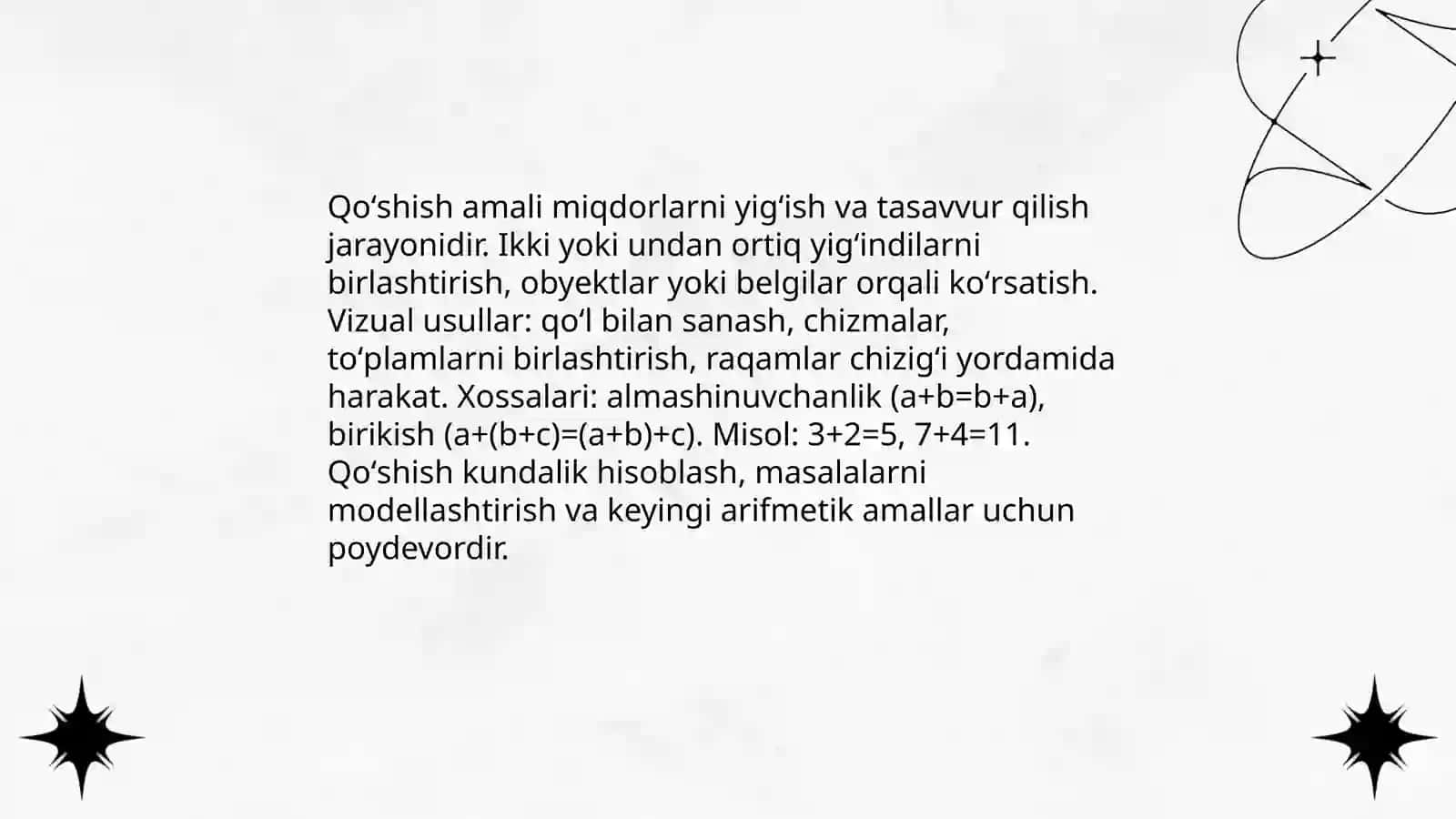 Qoʻshish va ayirish. Koʻpaytirish va boʻlish amali maʼnosini ochib berish hamda uni bosqichlab konsentrlarda bajarilishini oʻrgatish 3