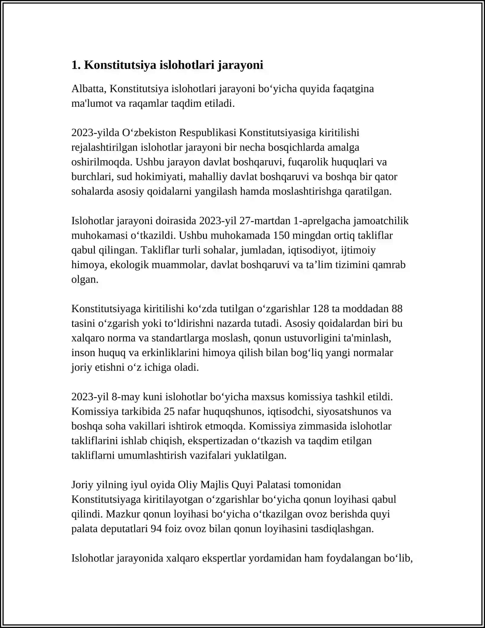 OʻZBEKISTON RESPUBLIKASI YANGI TAHRIRDAGI KONSTITUTSIYASINI UMUMHALQ TOMONIDAN QABUL QILINISHI 2023-YIL 30-APREL 3