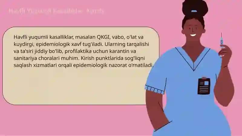 O'zbekiston respublikasi hududlarini karantin va o'ta havfli yuqumli kasalliklarni  chet ellardan olib kiritilishidan sanitariya muxofazalash. O'ta havfli karantin infeksiyalarning epidemiologiya va profilaktikasi ( QKGI, vabo, o'lat, kuydirgi ). Kirish punktlarida sog'liqni saqlash saqlash sohasida faqulodda vaziyatlar rejasi namunasiga kirish va yo'riqnoma 3
