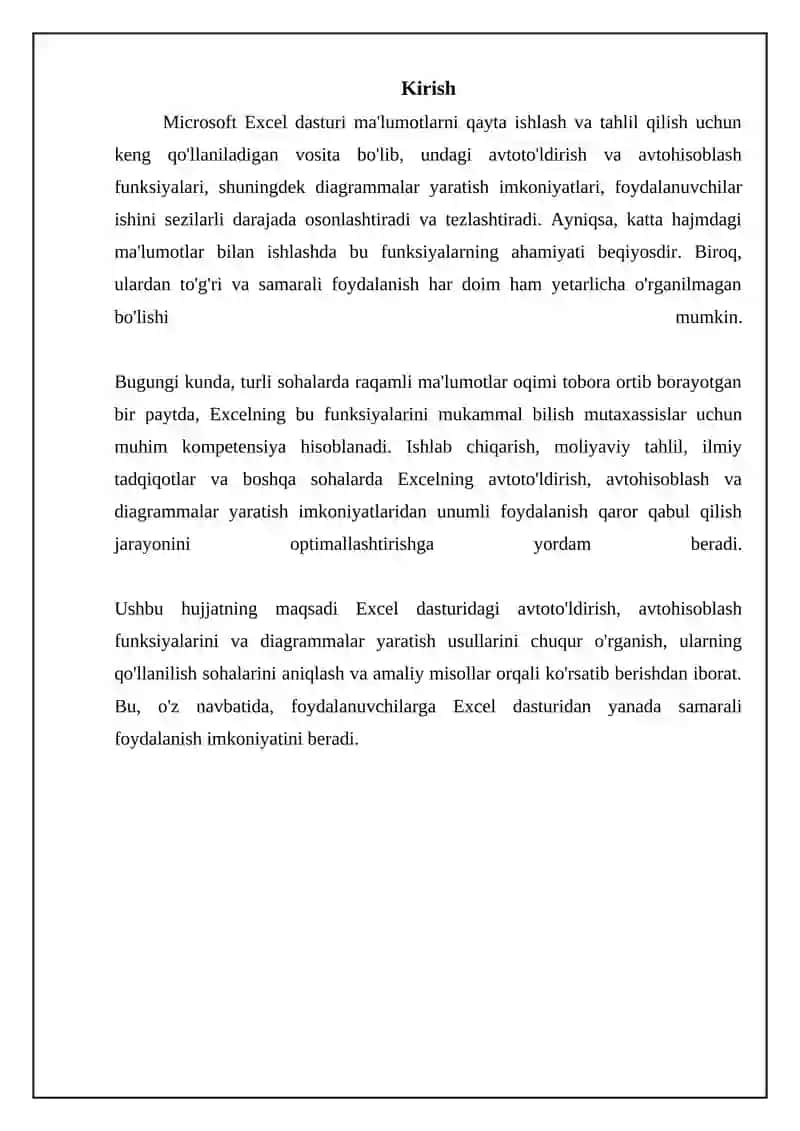 Excel dasturida avtoto’ldirishlar va avtohisoblashlar. Diagrammalar yaratish. 3