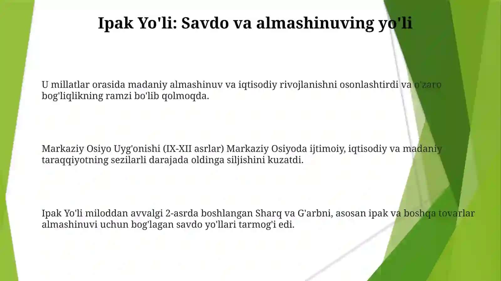 Buyukipakyoʻliningshakillanishtarixi.Buyukipakyoʻliningdavlatlararohamkorlikvaturizmnirivojlantirishdagiahamiyati. IX-XIIasrlardamarkaziyosiyoxalqlarininguygʻonishdavri:ijtimoiy-iqtisodiyvamadaniytaraqqiyoti 3