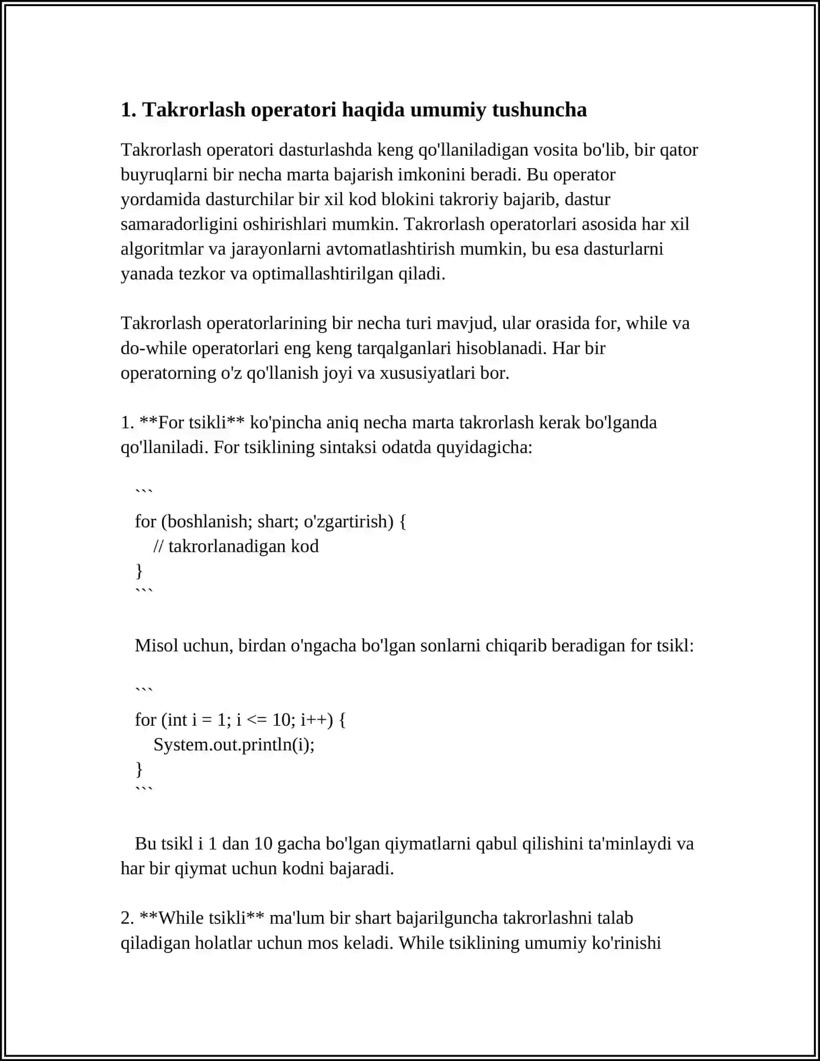 WHILE TAKRORLASH OPERATORI HAMDA SATIRLAR QATASHGAN ALGORITM VA DASTIR TUZISH 3