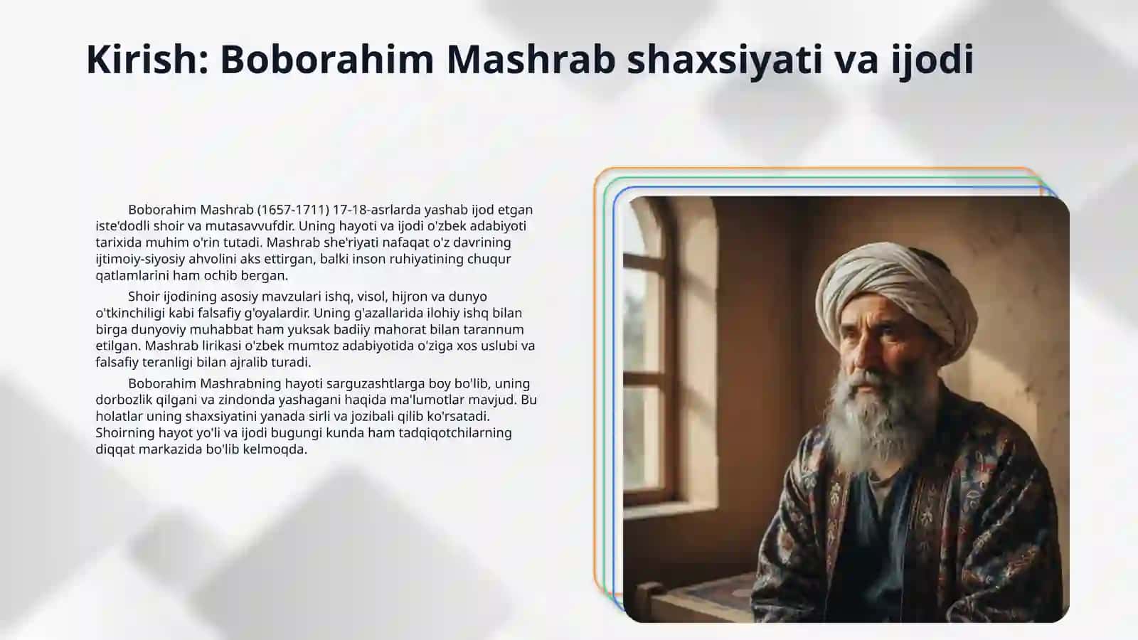 Boborahim Mashrabning "Na qilay" va "Oʻrtar" gʻazallari tahlili mavzusida yozilgan mikrodars ishi uchun 3