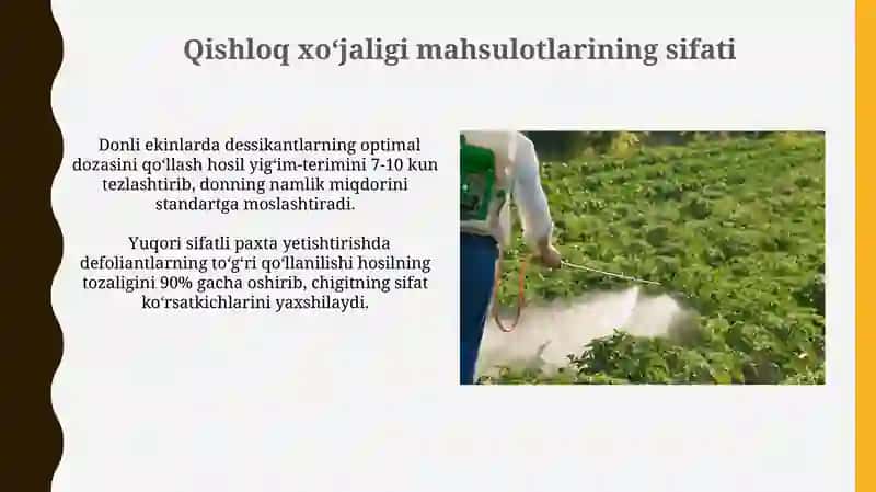 Pestitsidlarni qishloq xo'jaligida ishlatilishi. Defoliant va deksikantlar 3