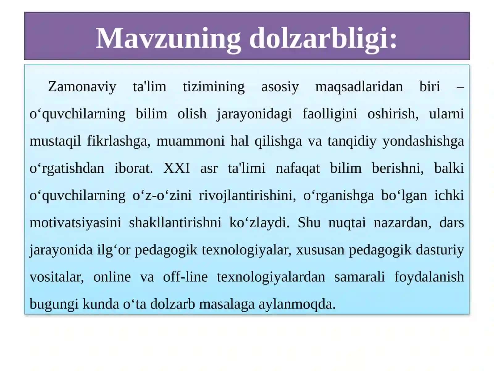 Pedagogik dasturiy vositalar fanidan o'quvchilar faolligini oshirishda online va off-line texnologiyalardan foydalanish metodikasi 3