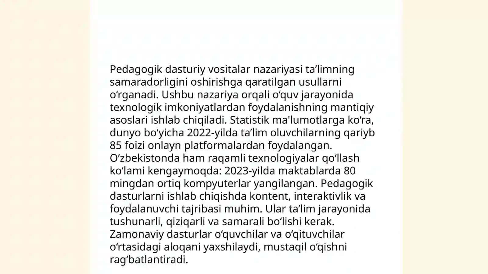 Namoyish qiluvchi dasturlarda pedagogik dasturiy vositalar bo'yicha test savollari 3