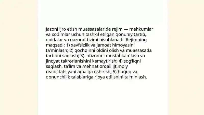 Jazoni ijro etish muassasalarida rejim 3