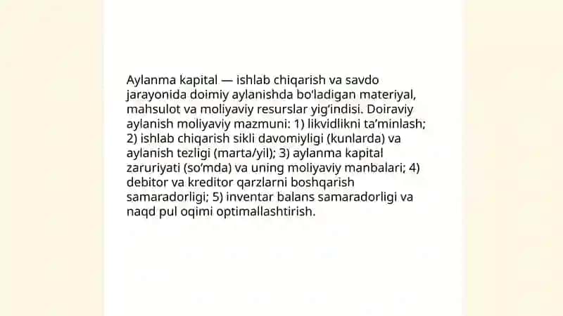 Aylanma kapital doiraviy aylanishining moliyaviy jihatlari 3
