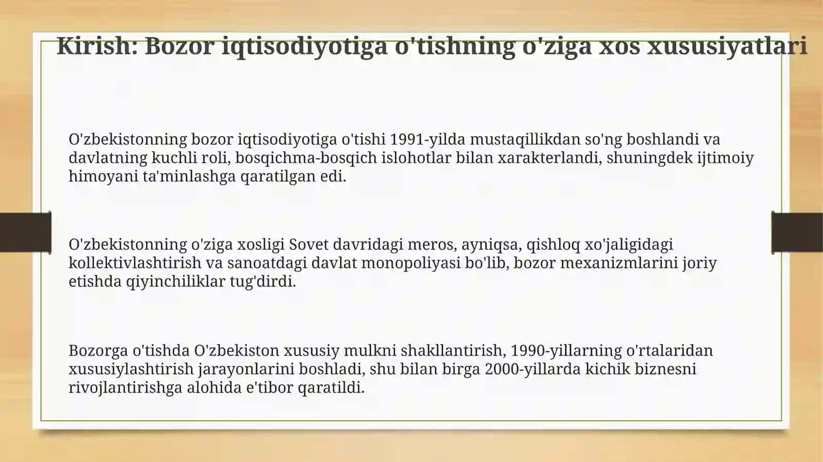 Oʻzbekistondagi bozor iqtisodiyotining rivojlanishi va xususiy mulkchilikning shakllanishi 3