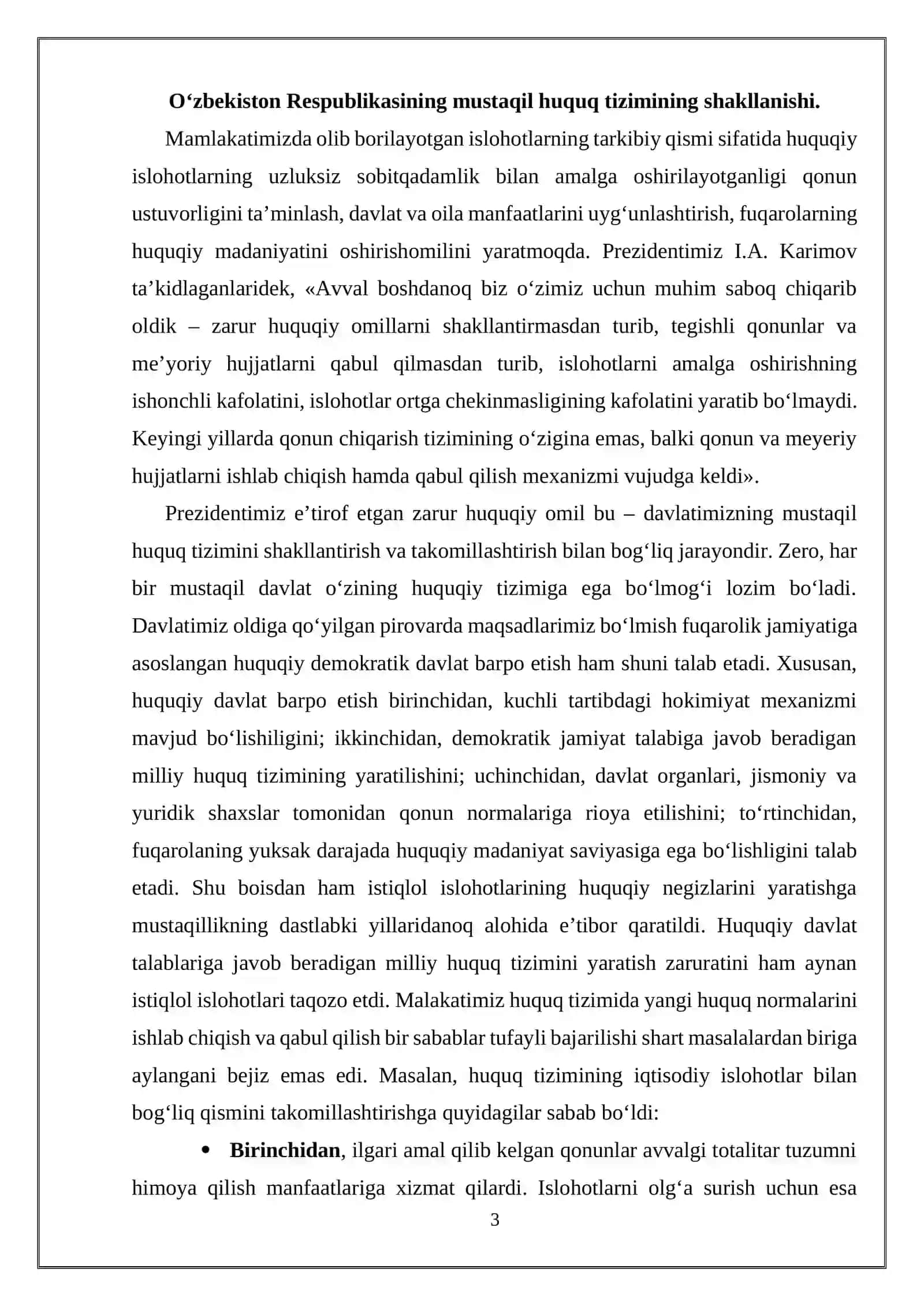 “O‘ZBEKISTON RESPUBLIKASINING MUSTAQIL HUQUQ TIZIMI” MAVZUSIDAGI KURS ISHI 3