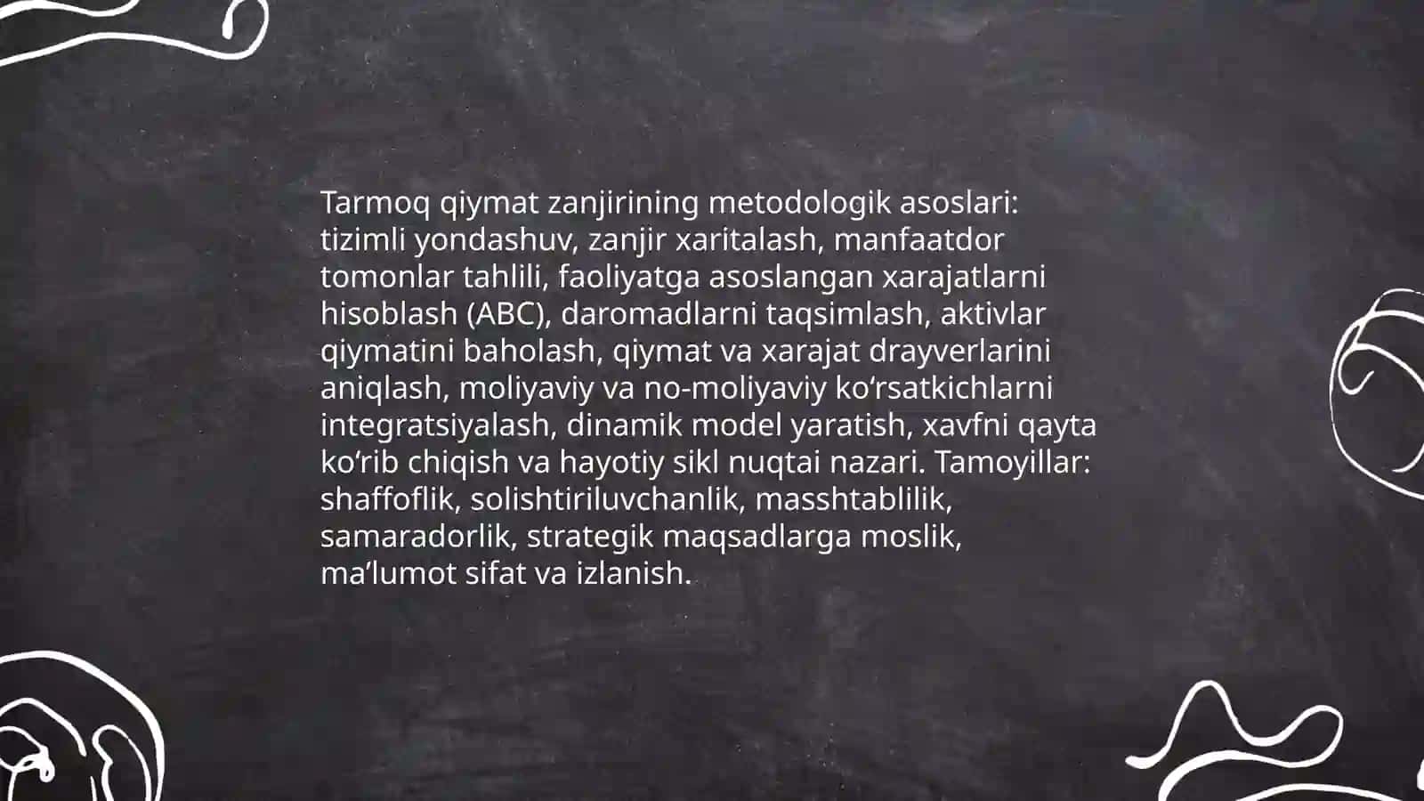 Tarmoq qiymat zanjirini yaratish metalogyasi; daromadlar, xarajatlar jami aktivlar qiymatini ko'rsatgan holda qiymat yarativchi faoliyat turlarini aniqlash 3