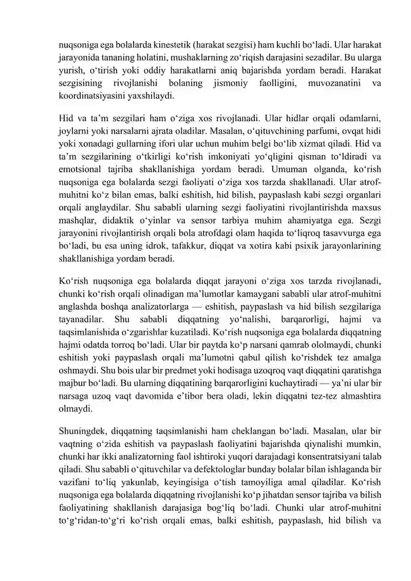Ko‘rish nuqsoniga ega bolalar sezgi va idrok, diqqat va xotirasining o‘ziga xosligi. 3