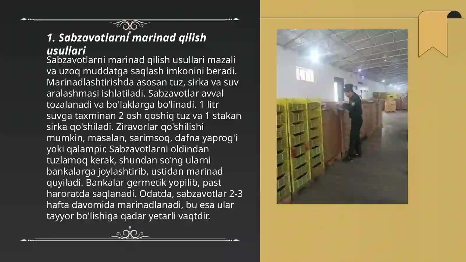 Sabzavot va mevalarni marinadlash, sirkalash hamda tuzlash texnologiyasi 3