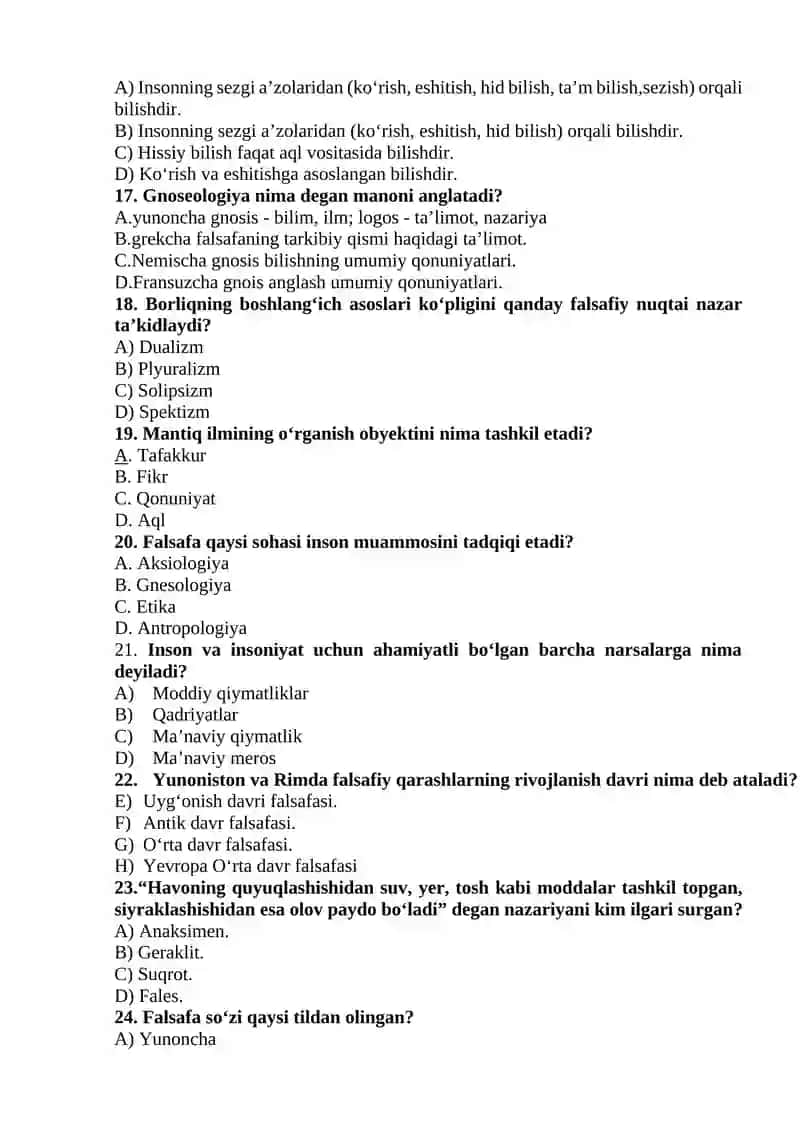 FALSAFA Fanidan Yakuniy Nazorat Savollari 3