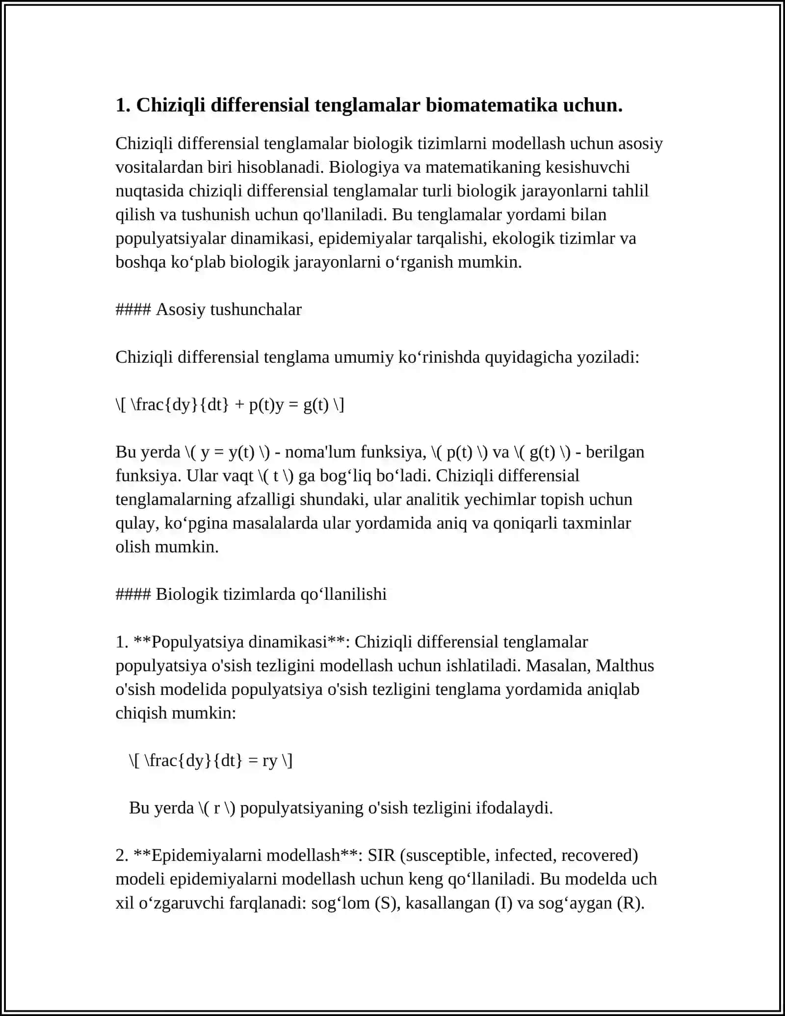 TIBBIY-BIOLOGIK MAZMUNSAGI DIFFERENSIAL TENGLAMALARNI TUZISH VA YECHISH 3