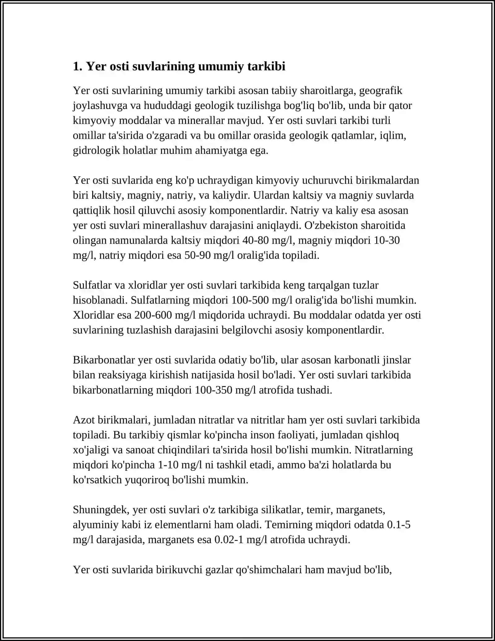 Yer osti suvlarining kimyoviy va fizik xususiyatlarini o'rganish 3