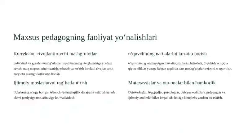 Inklyuziv ta’limda maxsus pedagogning lavozim majburiyatlari va ish faoliyatini tashkil etish 3