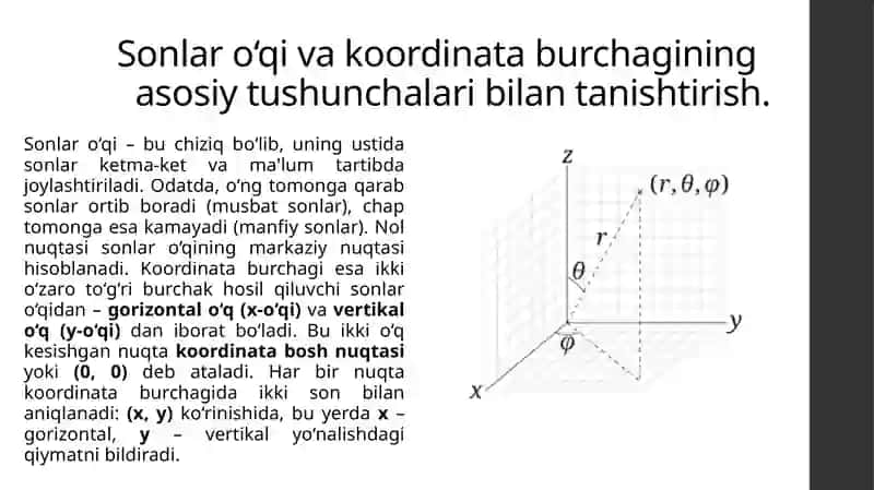 SONLAR O'QI, KOORDINATA BURCHAGI BO'YICHA  MASALALAR TANLASH VA TAYYORLASH 3