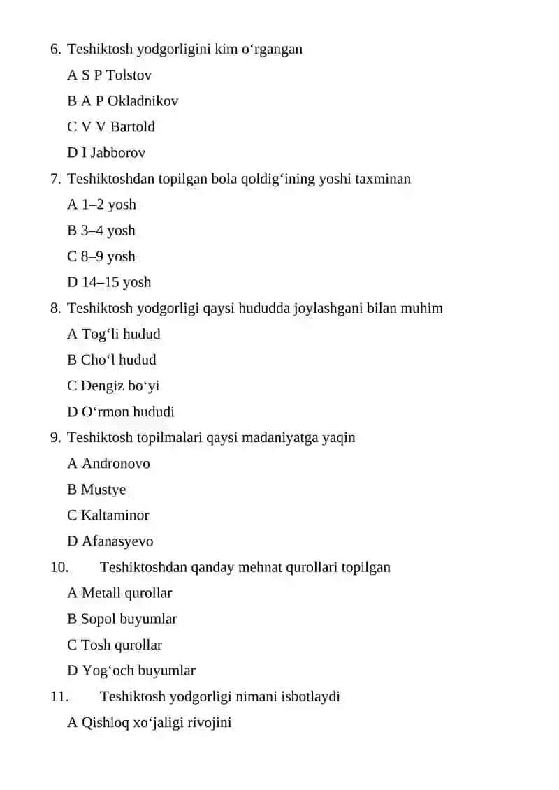 Teshiktosh yodgorligi Mavzu yuzasidan test savollari 3