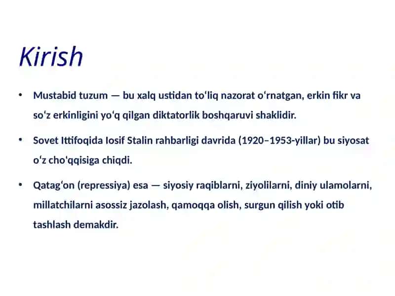 Mustabid tuzum davrida O‘zbekistonda qatag'onchilik siyosatining bosqichlari 3