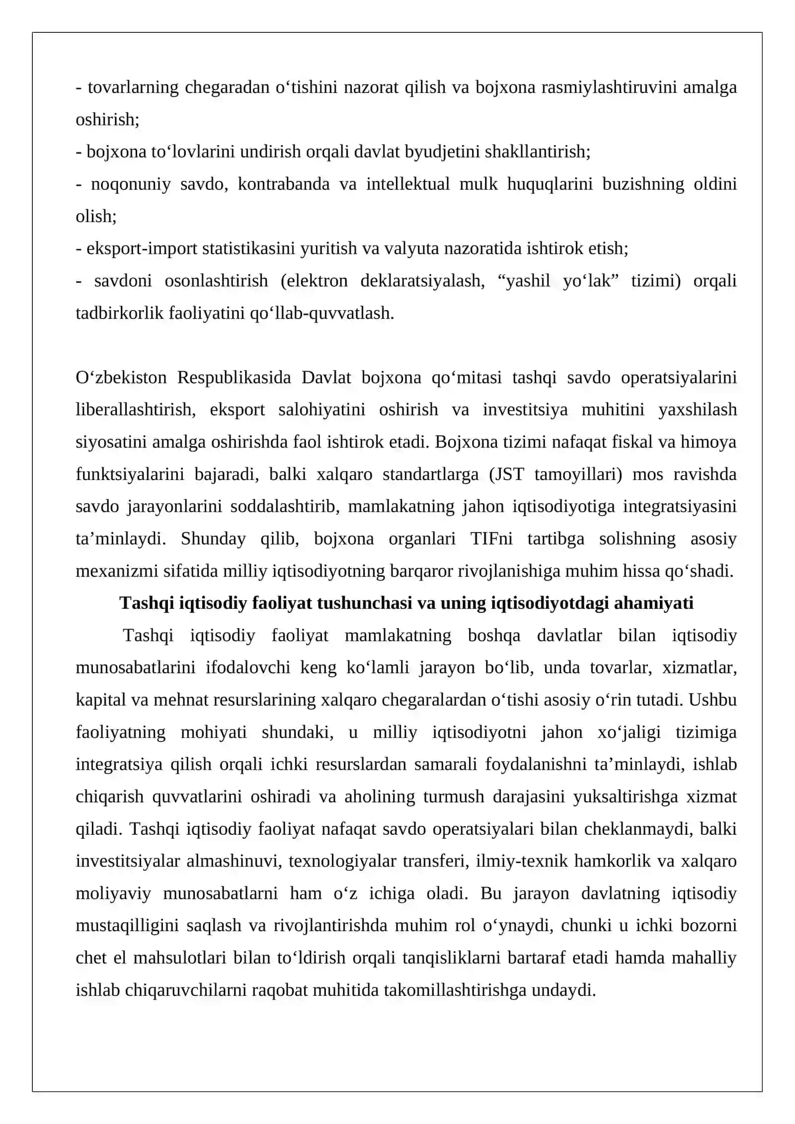 Tashqi iqtisodiy faoliyatni tartibga solishda bojxona organlarining o‘rni 3