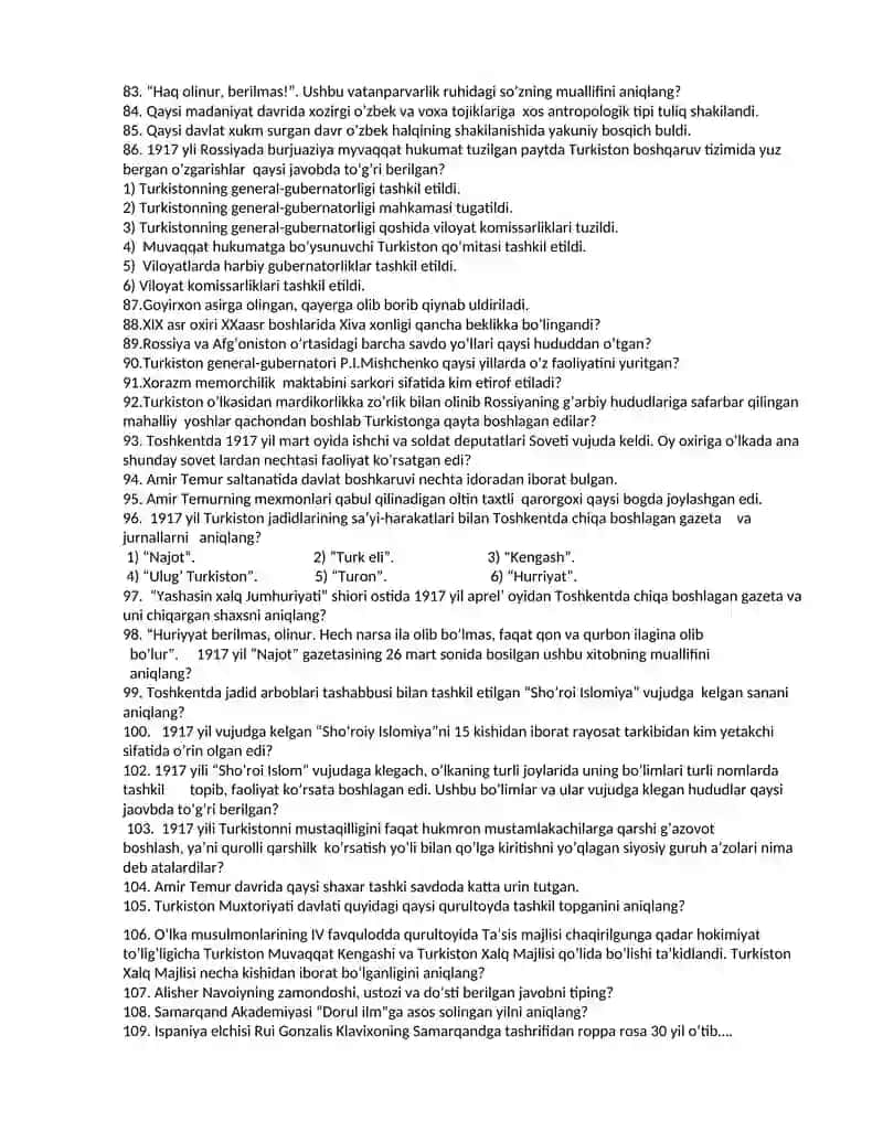 Namangan viloyati yuridik kolleji Yakuniy Davlat attestatsiyasiga “O’zbekiston tarixi” fanidan test saollari 3