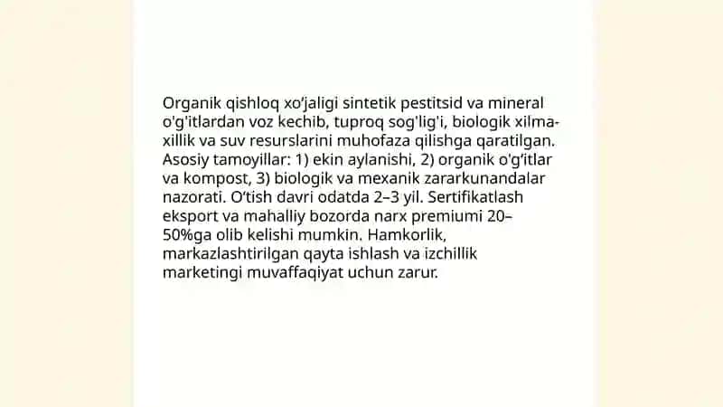 Organik qishloq xoʻjaligi va ekologik toza mahsulot ishlab chiqarish 3