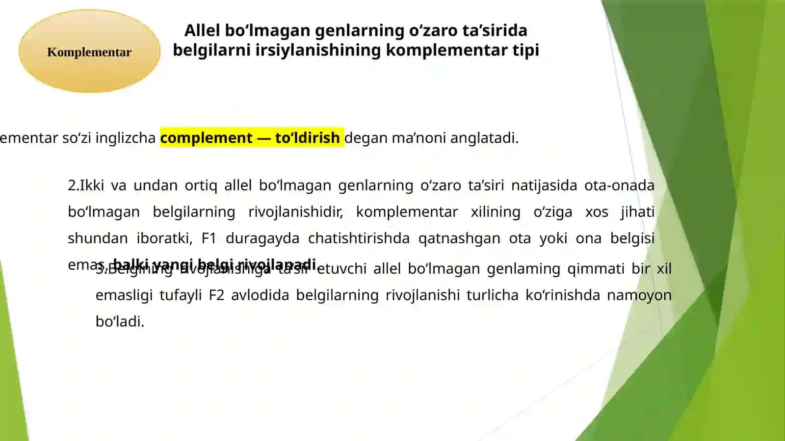 Noallelgenlar va ularning o‘zaro ta’sirida belgilarning irsiylanishi (komplementar va polimer ta’sir) 3