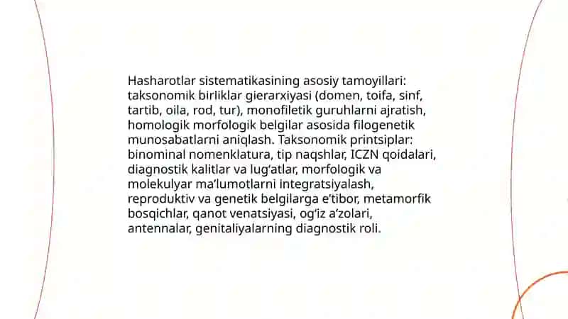 Hasharotlarning sistematikasi,asosiy turkumlarga kiruvchi turlarning belgilari va ularni aniqlash 3
