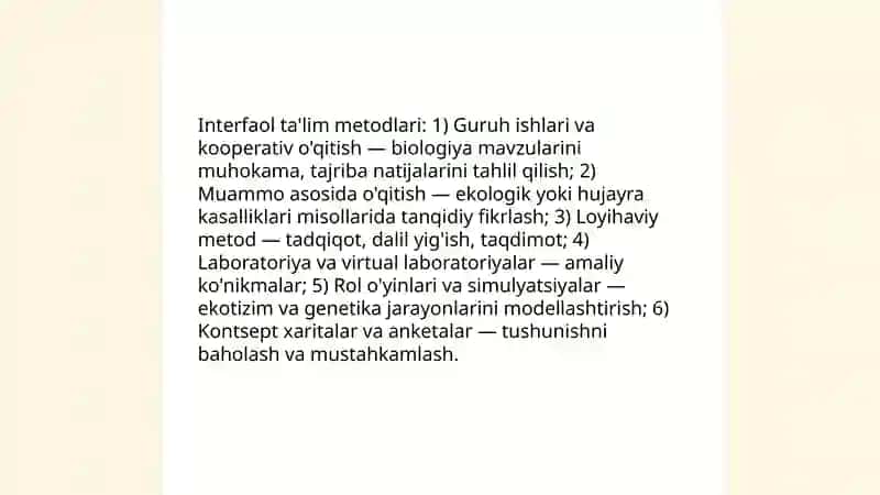 Biologiyani o'qitishda o'quvchilarning bilish faoliyatini faollashtirish yo'llari 3