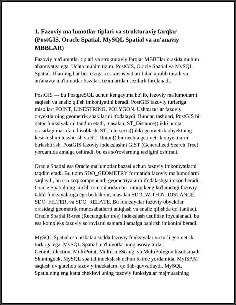 FAZOVIY MA'LUMOTLARNI QO'LLAB-QUVVATLAYDIGAN MBBT (POSTGIS, ORACLE SPATIAL, MYSQL SPATIAL) 3