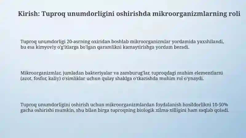 Tuproq unumdorligini oshirishda mikroorganizmlardan foydalanish 3
