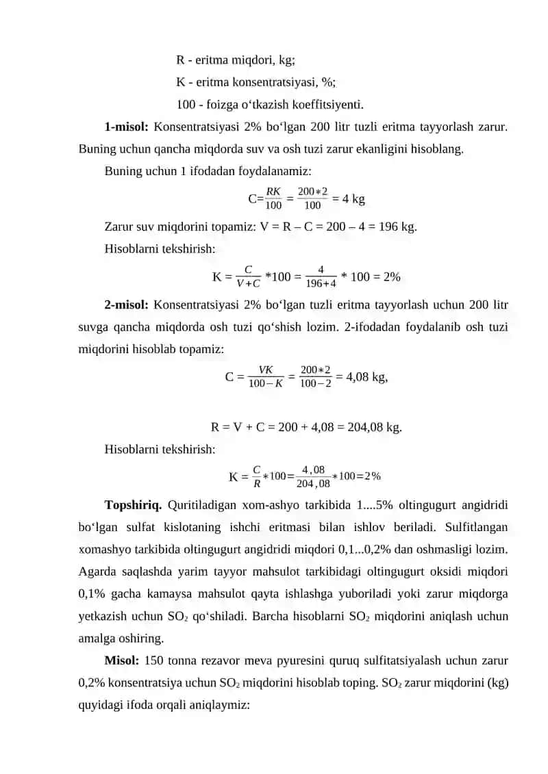 Quritish uchun qo‘shimcha moddalar va invertarlar miqdorini hisoblash 3