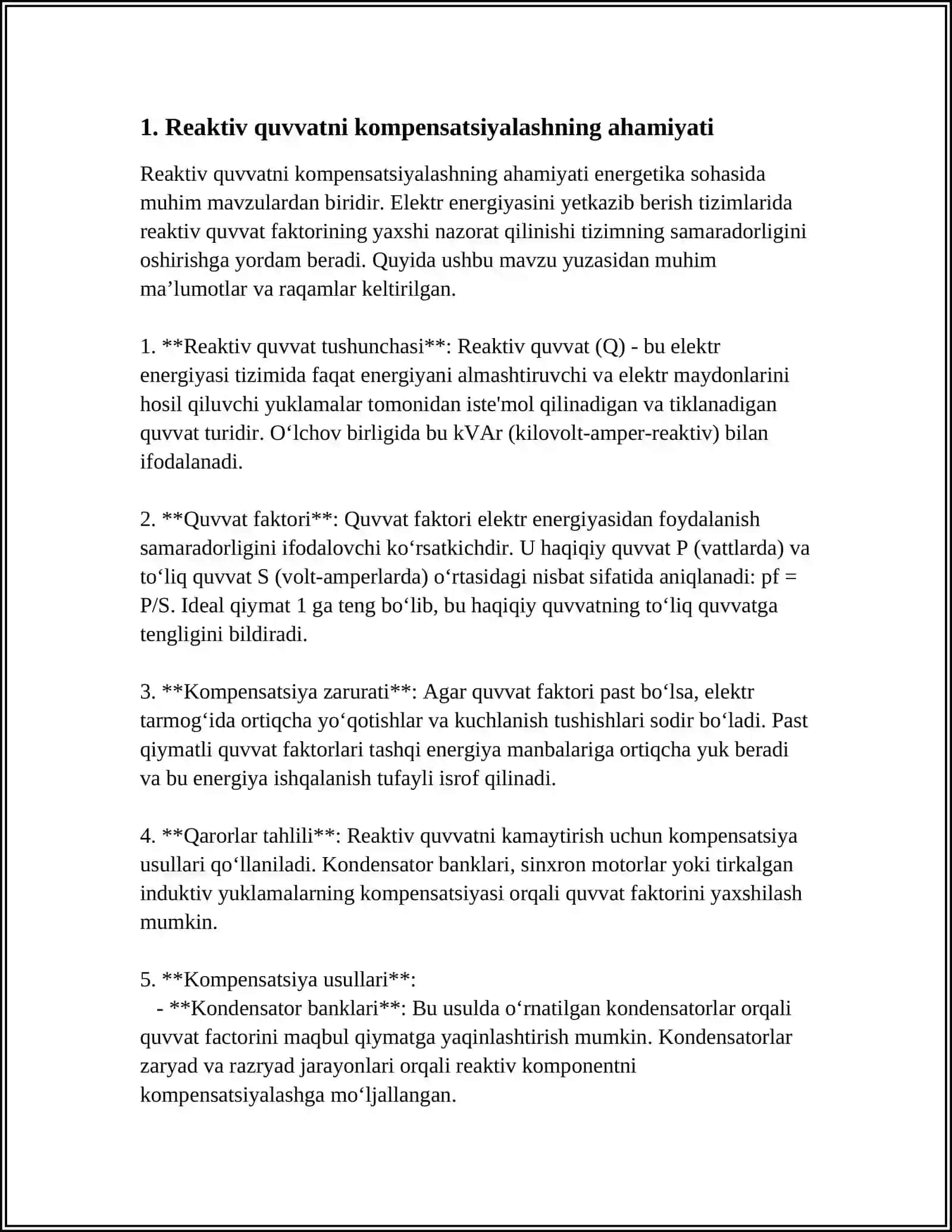 SANOAT KORXONALARINING ELETR TAMINOTIDA REAKTIV QUVVATNI KOMPENSATSIYALASH MASALALARI 3
